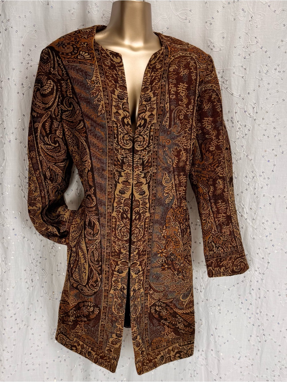 Vintage Peter Nygard 100% Wool Paisley Tapestry Long Blazer Jacket Size 10